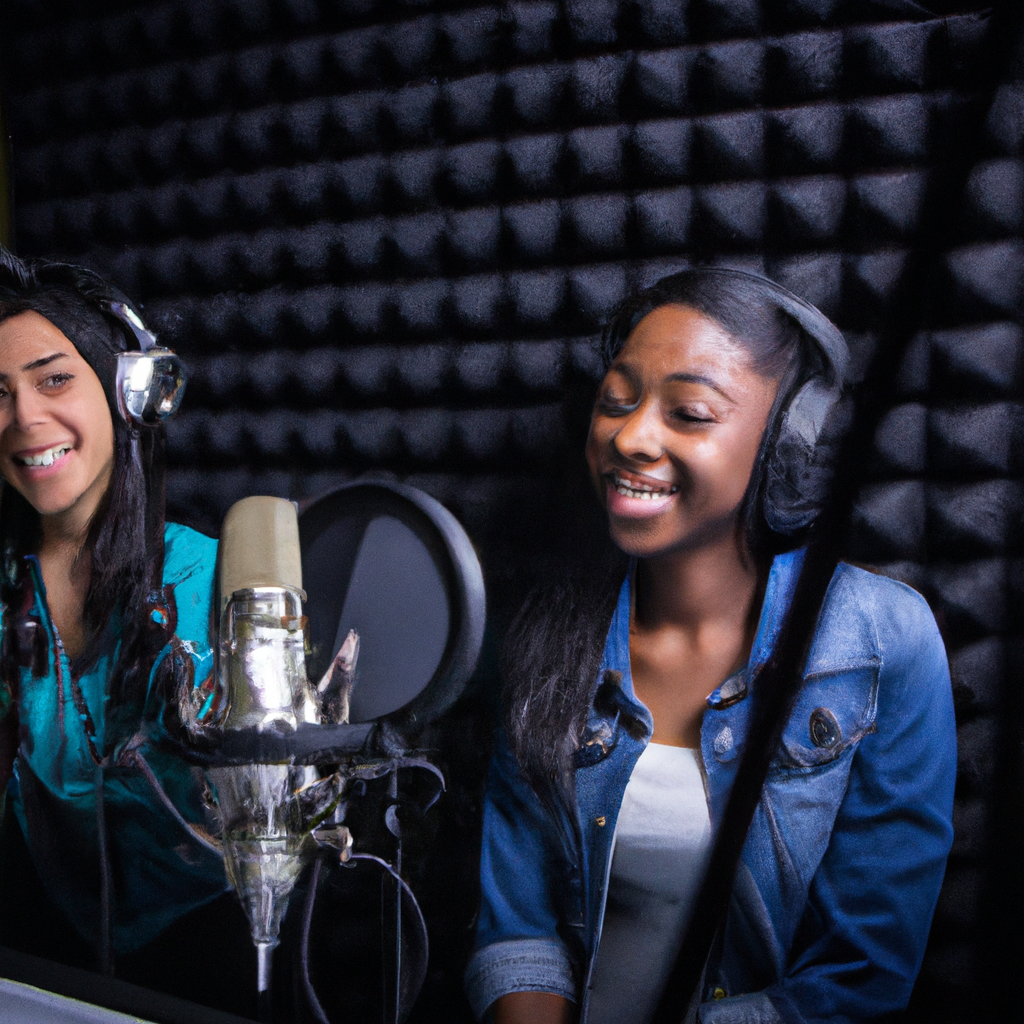 Diverse students inside a voice booth, smiling and recording into a condenser microphone